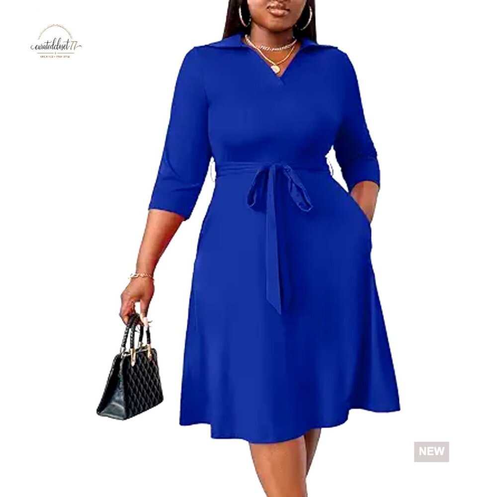 Plus Size Midi Dress 3/4 Sleeve V Neck Cocktail Party Wedding Guest